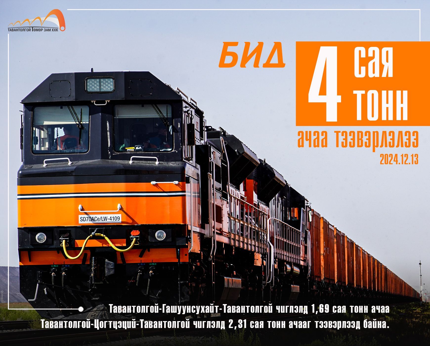 “ТАВАНТОЛГОЙ ТӨМӨР ЗАМ” ХХК  4 САЯ ДАХЬ ТОНН АЧААГ СУУРЬ БҮТЦЭЭРЭЭ ТЭЭВЭРЛЭЛЭЭ